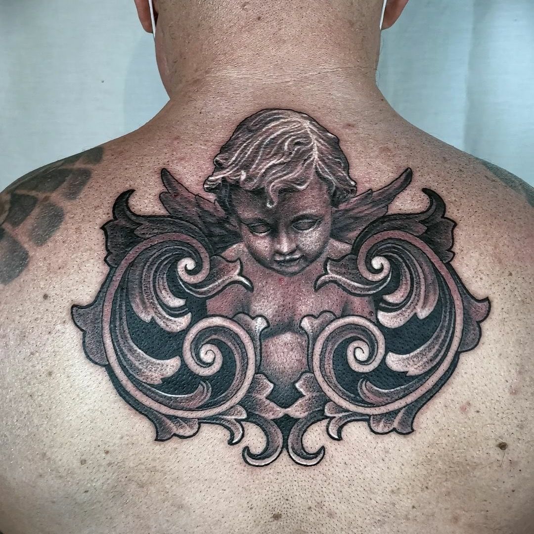 Angyal tetoválás, Fekete fehér tetoválás, Hát tetoválás, Realisztikus tetoválás
