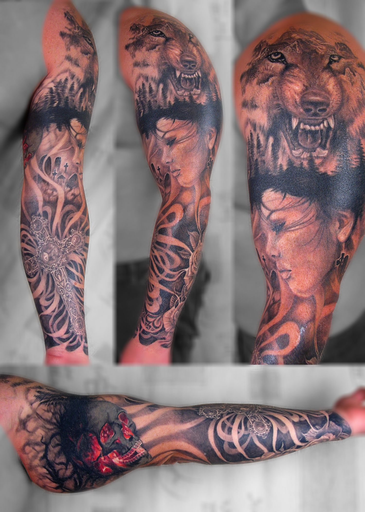 Alkar tetoválás, Fekete fehér tetoválás, Felkar tetoválás, Portré tetoválás, Teljes kar tetoválás