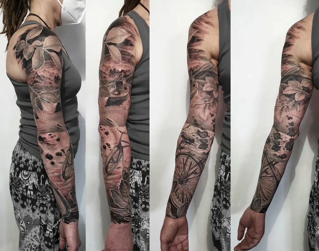 Fekete fehér tetoválás, Realisztikus tetoválás, Teljes kar tetoválás