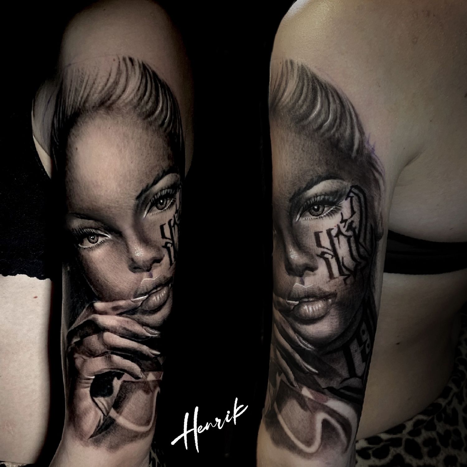 Fantázia tetoválás, Fekete fehér tetoválás, Felkar tetoválás, Portré tetoválás, Realisztikus tetoválás