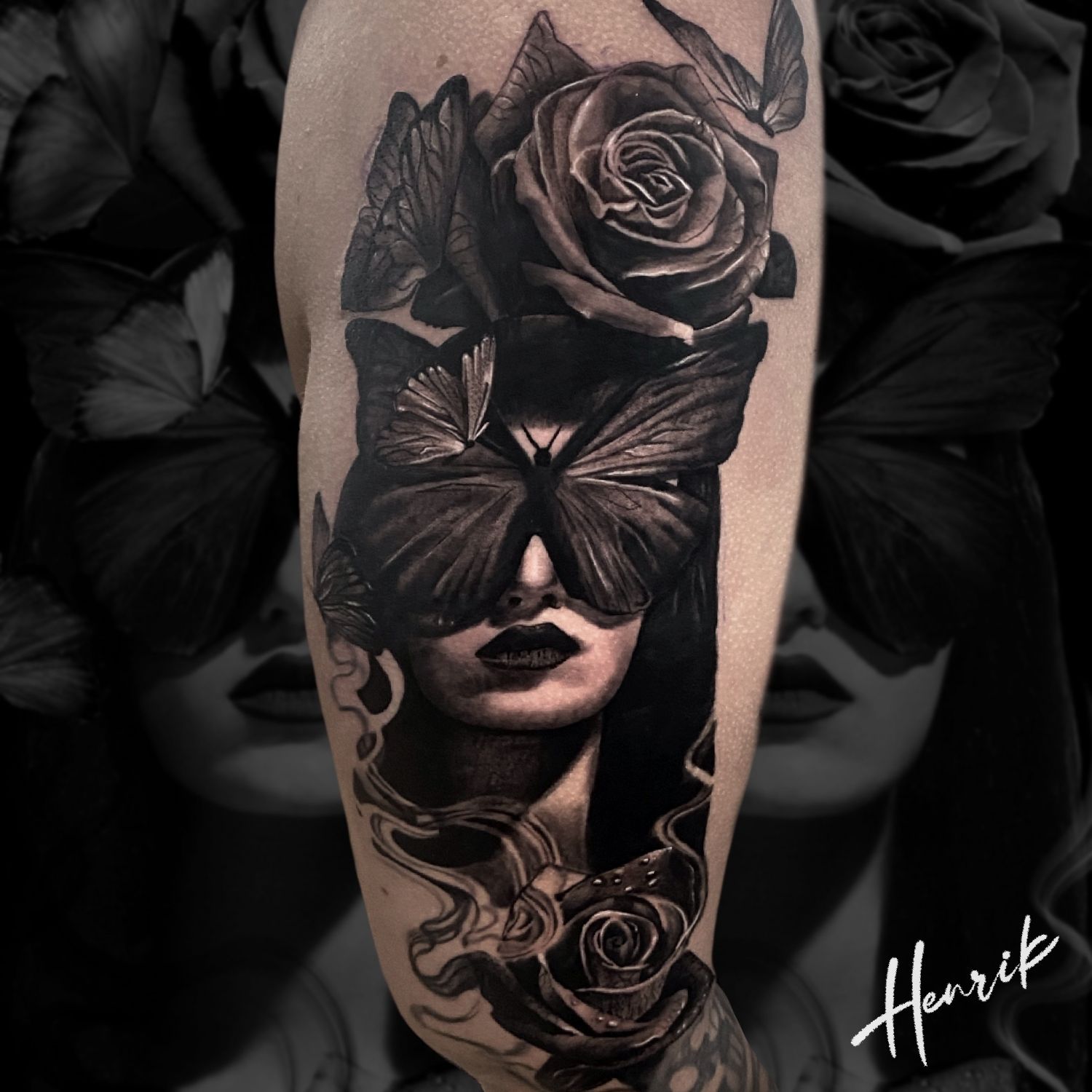 Állat tetoválás, Fantázia tetoválás, Fekete fehér tetoválás, Felkar tetoválás, Virág tetoválás